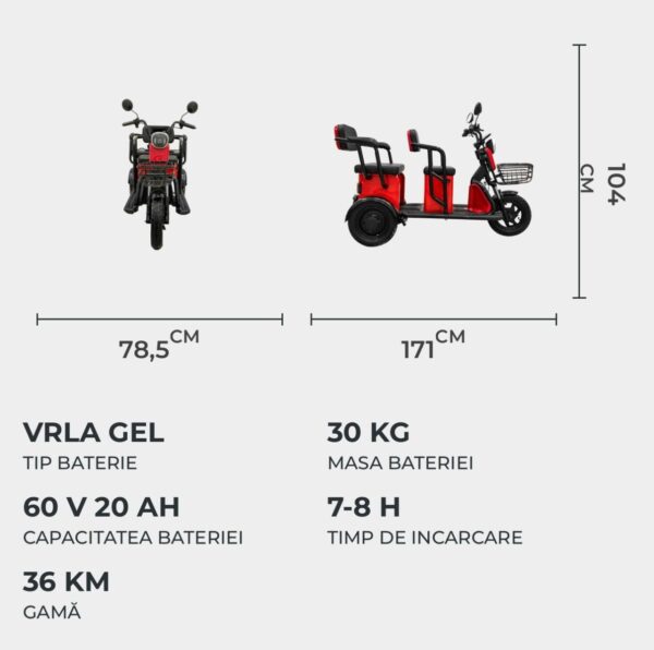 Tricicletă Electrică, Roșie, 1000W, Fără Permis2