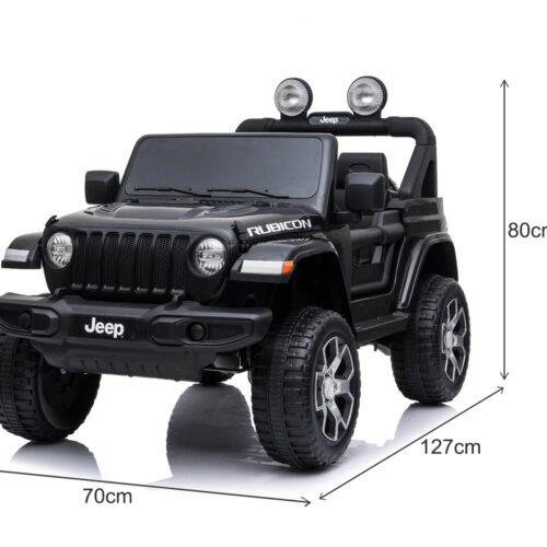 Mașinuță electrică pentru copii JEEP Wrangler, Negru, scaun din piele, Radio cu intrare Bluetooth și USB, unitate 4×4, baterie cu litiu, roți EVA, suspensii spate, telecomandă de 2,4 GHz, comutator funcție telecomandă/ pedală, licențiat