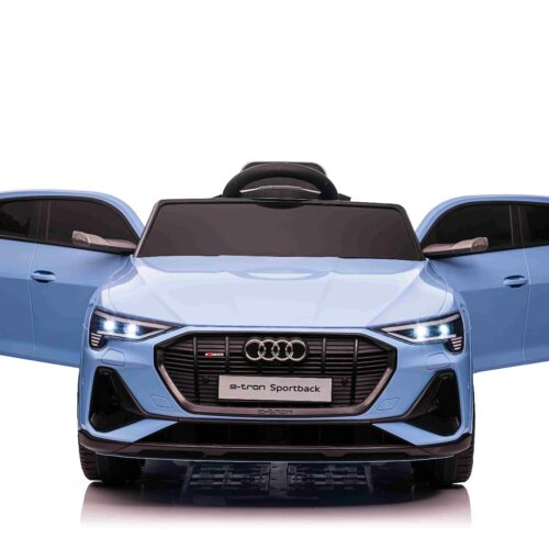 Maşinuţa electrica copii Audi E-tron Sportback 12V, albastru, scaun lat cu un singur loc și centură de siguranță cu prindere în trei puncte, telecomandă 2.4 GHz, intrare USB/AUX, suspensie, baterie litiu, lumini LED, motor 2 x 25W, licență ORIGINALĂ