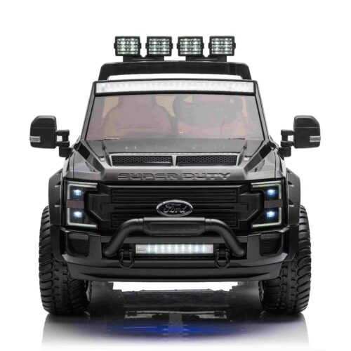 Mașină electrică pentru copii Ford Super Duty 24V negru, două locuri, tracțiune 4X4, motoare performante 24V, baterie portabilă, roți duble EVA spate, scaun din plastic, telecomandă 2,4 GHz, rampă lumină cu LED, MP3 player intrare USB, licență ORIGINALĂ