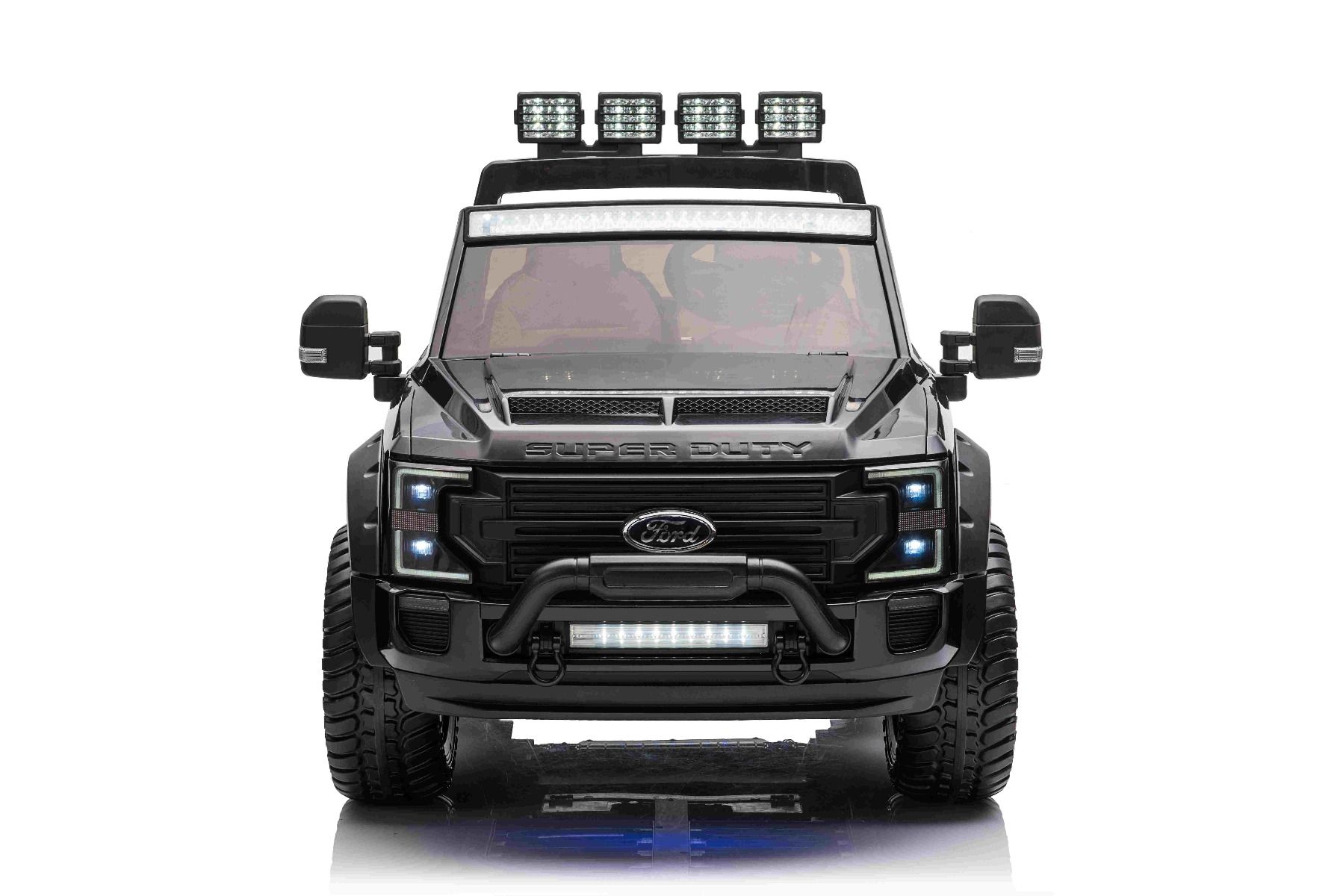 Mașină electrică pentru copii Ford Super Duty 24V negru, două locuri, tracțiune 4X4, motoare performante 24V, baterie portabilă, roți duble EVA spate, scaun din plastic, telecomandă 2,4 GHz, rampă lumină cu LED, MP3 player intrare USB, licență ORIGINALĂ