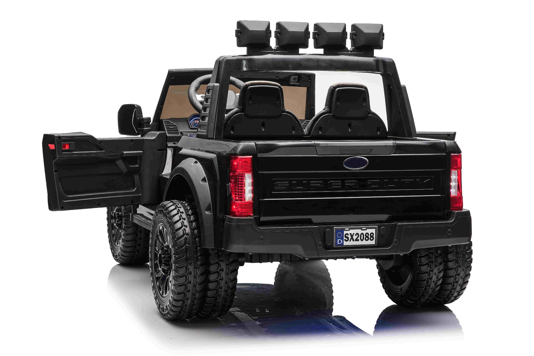 Mașină electrică pentru copii Ford Super Duty 24V negru, două locuri, tracțiune 4X4, motoare performante 24V, baterie portabilă, roți duble EVA spate, scaun din plastic, telecomandă 2,4 GHz, rampă lumină cu LED, MP3 player intrare USB, licență ORIGINALĂ - imagine 7