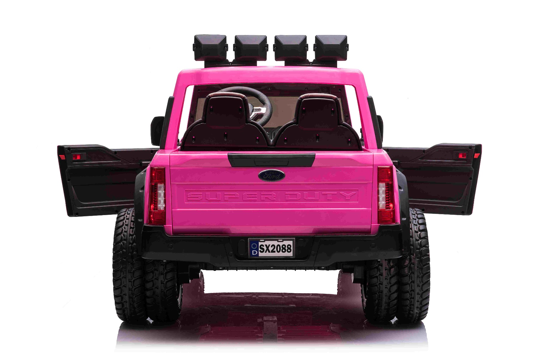 Mașină electrică pentru copii Ford Super Duty 24V roz, două locuri, tracțiune 4X4, motoare performante 24V, baterie portabilă, roți duble EVA spate, scaun din plastic, telecomandă 2,4 GHz, rampă lumină cu LED, MP3 player intrare USB, licență ORIGINALĂ - imagine 4
