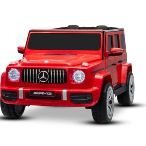 Mașină electrică de jucărie Mercedes-Benz G63 AMG 4×4 cu două locuri, roșu, player MP3 cu conexiune USB/AUX și Bluetooth, tractiune 4×4, baterie litiu, roti EVA cu suspensie, scaune din piele artificială, telecomandă, licentă originală
