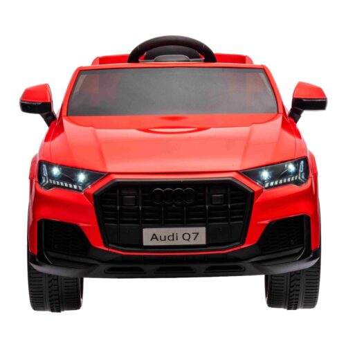 Mașină electrică de jucărie Audi Q7 roșu, 1 loc, suspensie independentă, baterie 12V, telecomandă, 2 motoare de 35 W, lumini LED, intrare USB/AUX pe MP3 player, model cu licență