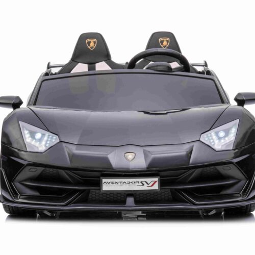 Mașină electrică copii Lamborghini Aventador 24V două locuri, caroserie lăcuită negru, 2.4 GHz DO, scaune moi din PU, afișaj LCD, suspensie, uși cu deschidere verticală, roți EVA moi, MOTOR 2 X 45W, licență ORIGINALĂ
