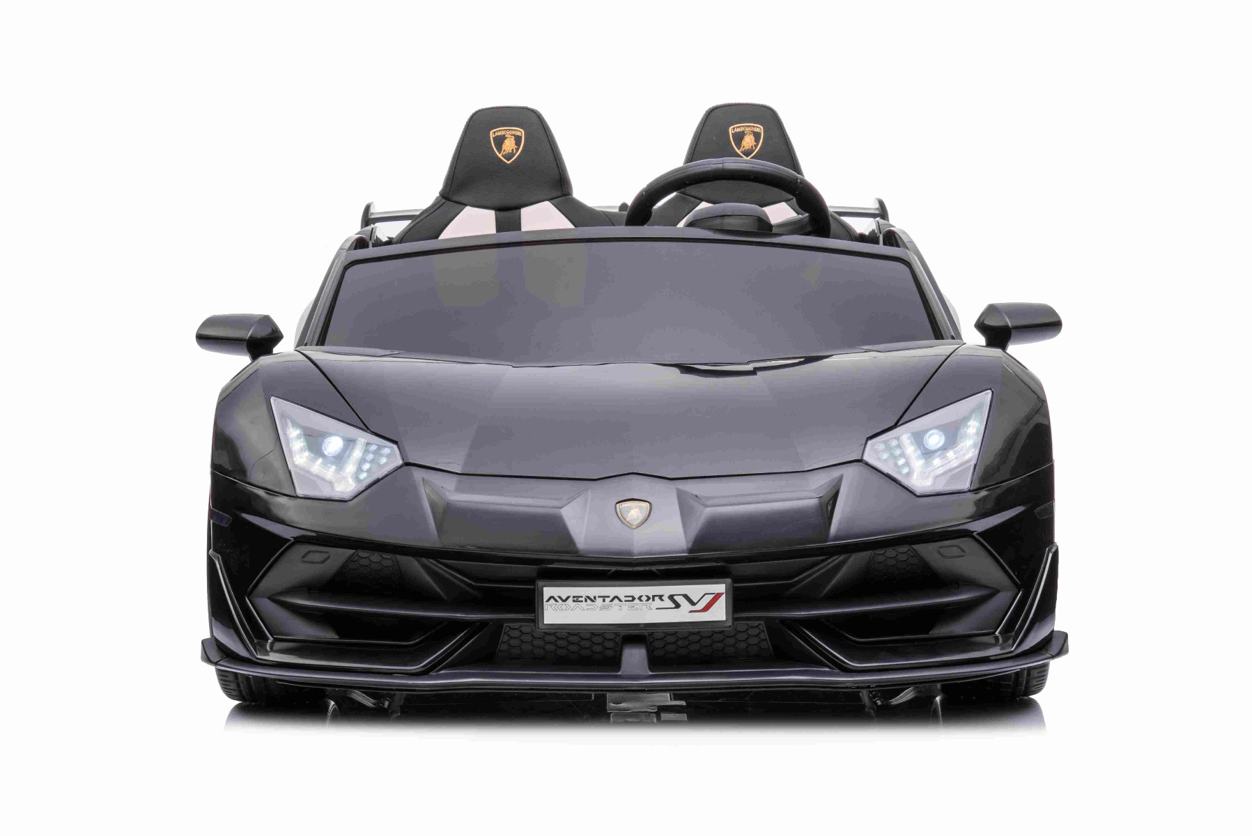 Mașină electrică copii Lamborghini Aventador 24V două locuri, caroserie lăcuită negru, 2.4 GHz DO, scaune moi din PU, afișaj LCD, suspensie, uși cu deschidere verticală, roți EVA moi, MOTOR 2 X 45W, licență ORIGINALĂ