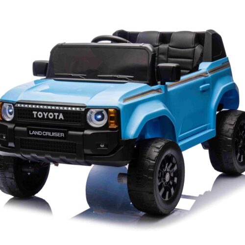 Mașinuță electrică Toyota Landcruiser 12V, albastru, scaun lat, telecomandă 2.4 GHz, intrare USB / AUX, Bluetooth, suspensie, baterie litiu, lumini LED, motor 2 x 25W, licență ORIGINALĂ