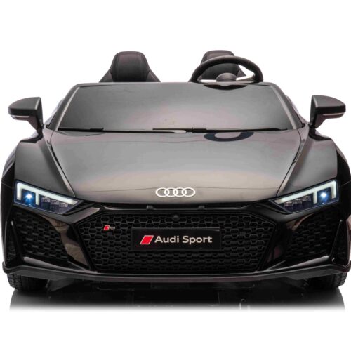 Mașină electrică Audi R8 SPYDER cu două locuri 24V, negru, MP3 Player cu USB/AUX și Bluetooth, Baterie 24V/14Ah, 2 motoare 200W, roți EVA cu suspensie spate, Scaune din piele, Controller cu cadran, Model cu Licență