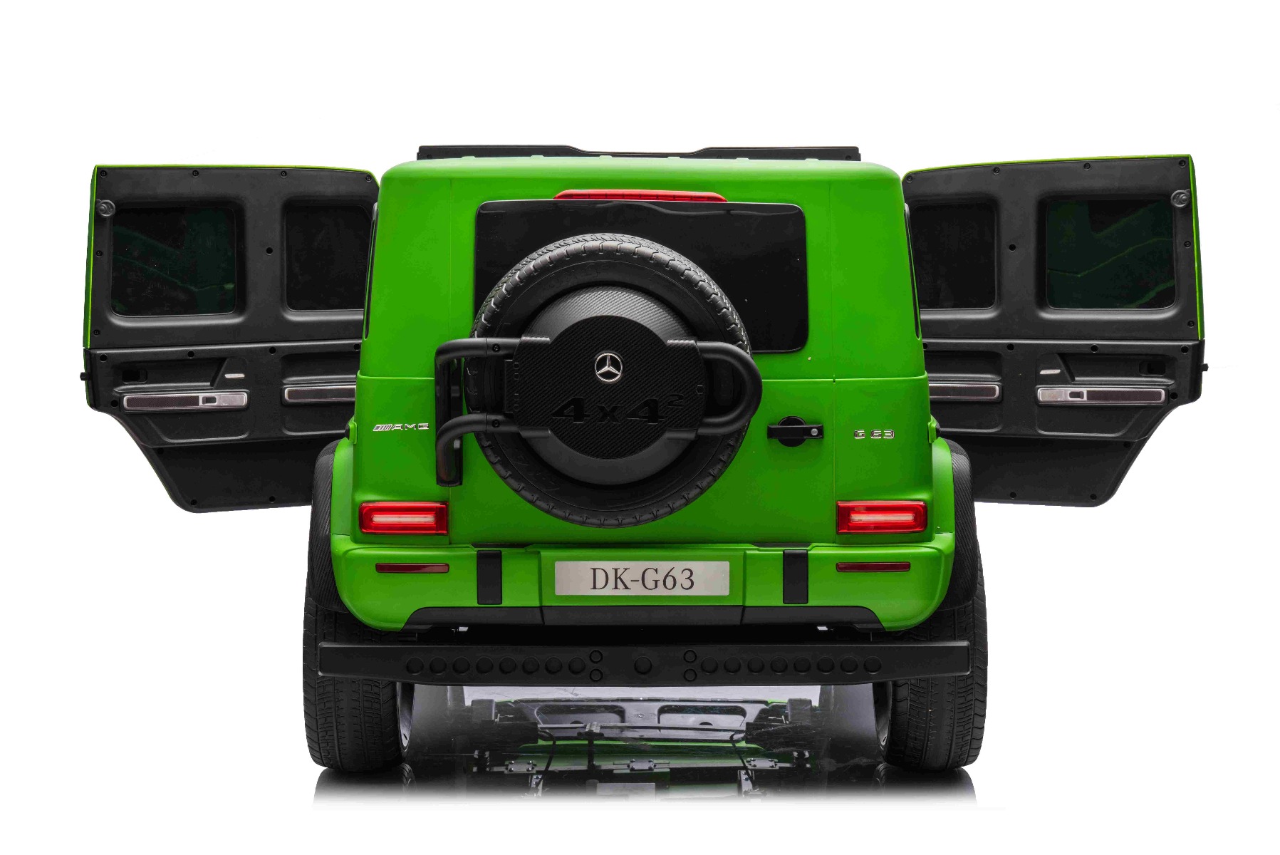 Mașină electrică Mercedes-Benz G63 AMG 4x4, Cu două locuri, 24V, vopsit verde, MP4 Player cu intrare USB/AUX, tracțiune 4x4, Baterie 24V/7Ah, 4 motoare 200W, Roți EVA cu suspensie, Scaune din piele, Telecomandă, Model cu licență - imagine 10