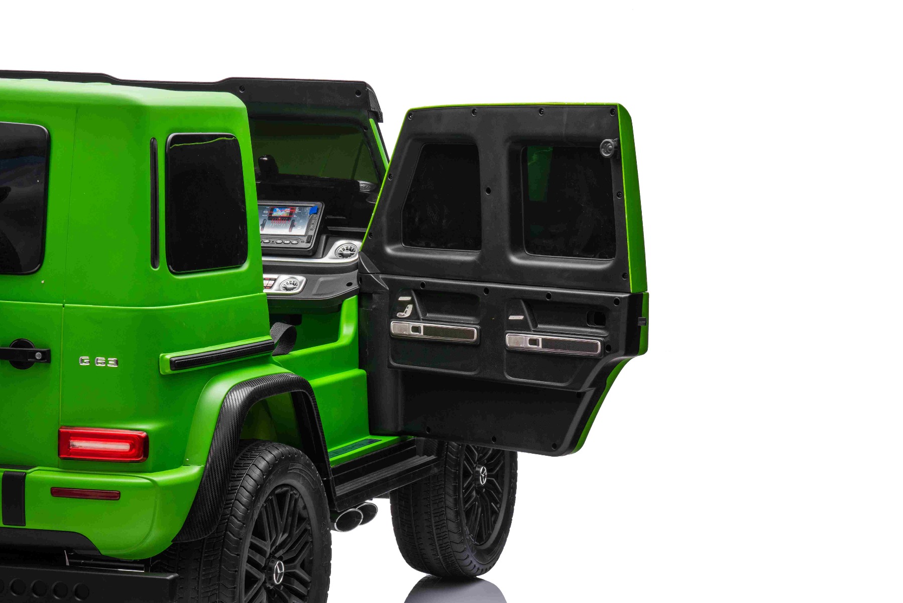 Mașină electrică Mercedes-Benz G63 AMG 4x4, Cu două locuri, 24V, vopsit verde, MP4 Player cu intrare USB/AUX, tracțiune 4x4, Baterie 24V/7Ah, 4 motoare 200W, Roți EVA cu suspensie, Scaune din piele, Telecomandă, Model cu licență - imagine 11