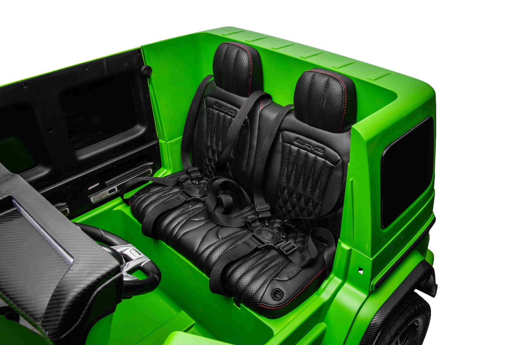 Mașină electrică Mercedes-Benz G63 AMG 4x4, Cu două locuri, 24V, vopsit verde, MP4 Player cu intrare USB/AUX, tracțiune 4x4, Baterie 24V/7Ah, 4 motoare 200W, Roți EVA cu suspensie, Scaune din piele, Telecomandă, Model cu licență - imagine 19