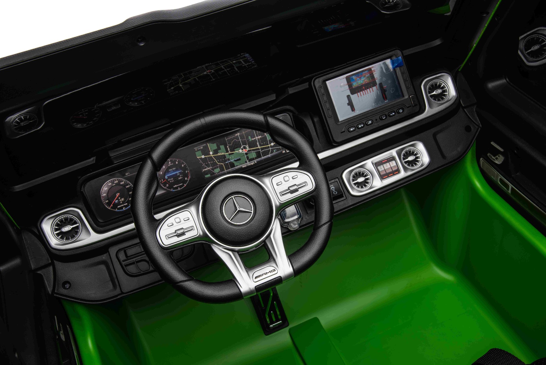 Mașină electrică Mercedes-Benz G63 AMG 4x4, Cu două locuri, 24V, vopsit verde, MP4 Player cu intrare USB/AUX, tracțiune 4x4, Baterie 24V/7Ah, 4 motoare 200W, Roți EVA cu suspensie, Scaune din piele, Telecomandă, Model cu licență - imagine 20