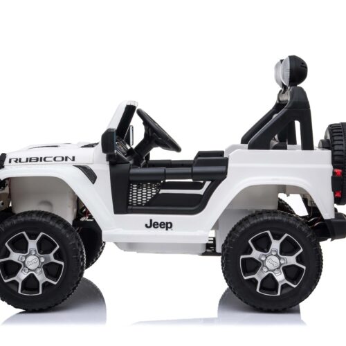 Mașinuță electrică pentru copii JEEP Wrangler, Alb, scaun din piele, Radio cu intrare Bluetooth și USB, unitate 4×4, baterie cu litiu, roți EVA, suspensii spate, telecomandă de 2,4 GHz, comutator funcție telecomandă/ pedală, licențiat
