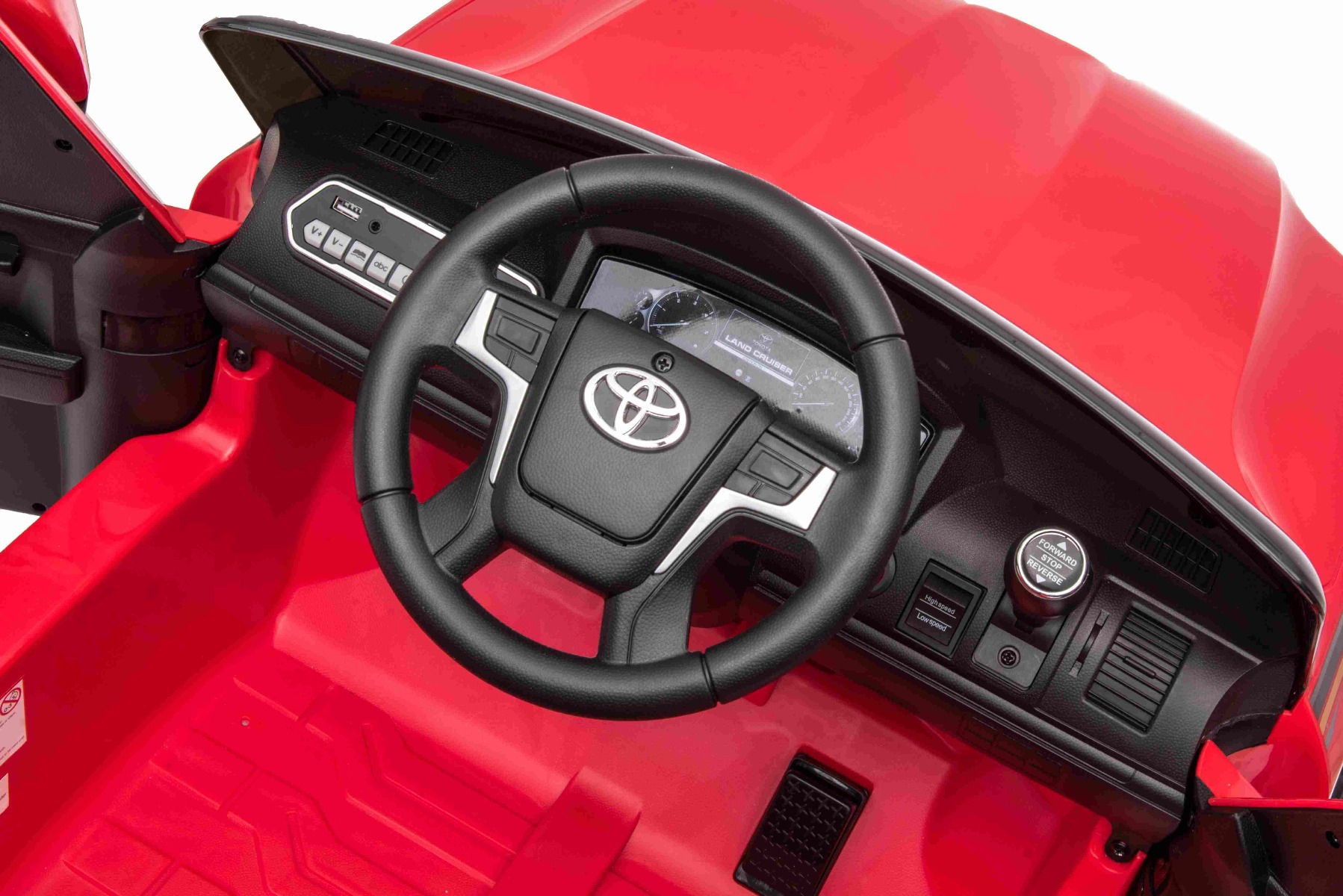 Mașină electrică de jucărie Toyota Landcruiser 12V, roșu, scaun din piele, telecomandă 2,4 GHz, intrare USB / AUX, suspensie, baterie 12 V, roți moi EVA, MOTOR 2 X 35 W, licență ORIGINALĂ - imagine 9