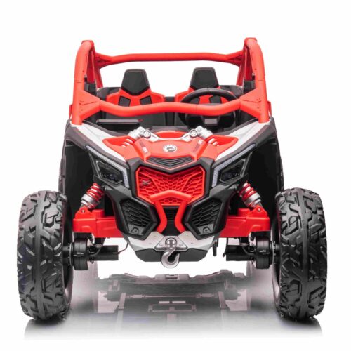 Mașină electrică copii Can-am Maverick 24V, roșu, cu două locuri, suspensie spate, telecomandă 2,4 Ghz, Baterie litiu portabilă, 4 motoare de 200 W, roți EVA, scaune din piele, player MP3 cu intrare USB/SD, model cu licență