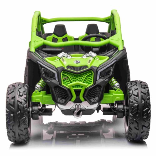 Mașină electrică copii Can-am Maverick 24V, verde, cu două locuri, suspensie spate, telecomandă 2,4 Ghz, Baterie litiu portabilă, 4 motoare de 200 W, roți EVA, scaune din piele, player MP3 cu intrare USB/SD, model cu licență