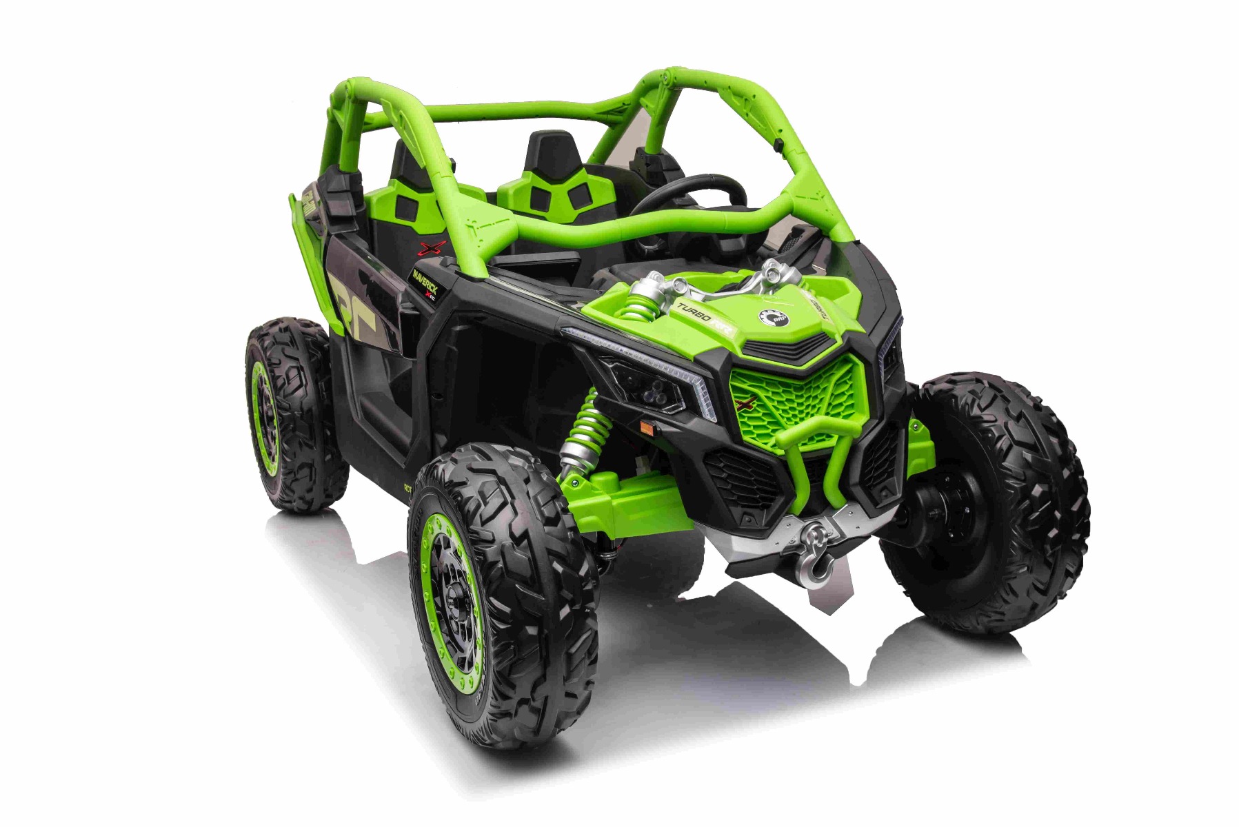Mașină electrică copii Can-am Maverick 24V, verde, cu două locuri, suspensie spate, telecomandă 2,4 Ghz, Baterie litiu portabilă, 4 motoare de 200 W, roți EVA, scaune din piele, player MP3 cu intrare USB/SD, model cu licență - imagine 7