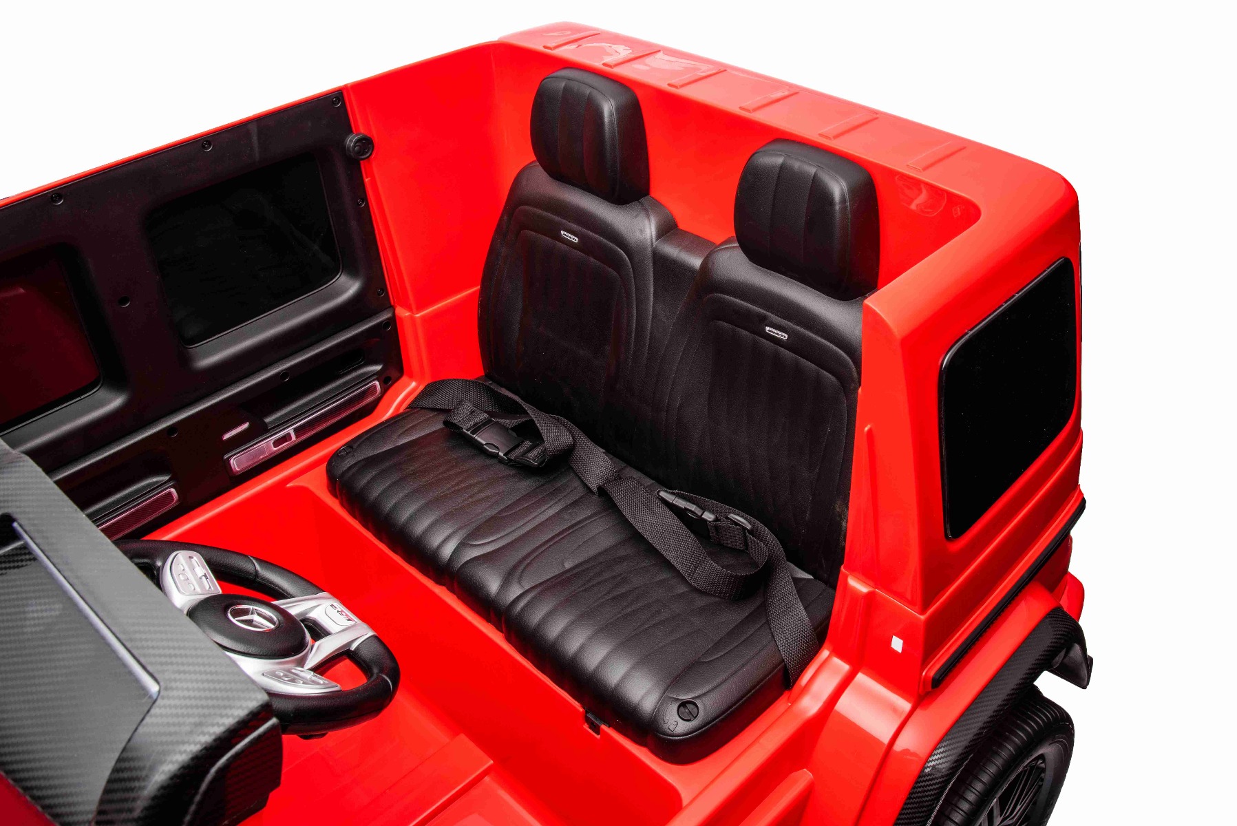 Mașină electrică Mercedes-Benz G63 AMG 4x4 cu două locuri 12V, negru, MP3 Player cu intrare USB/AUX, tracțiune 4x4, baterie 12V14Ah, roți EVA cu suspensie, scaune din piele, telecomandă, licențiat - imagine 14