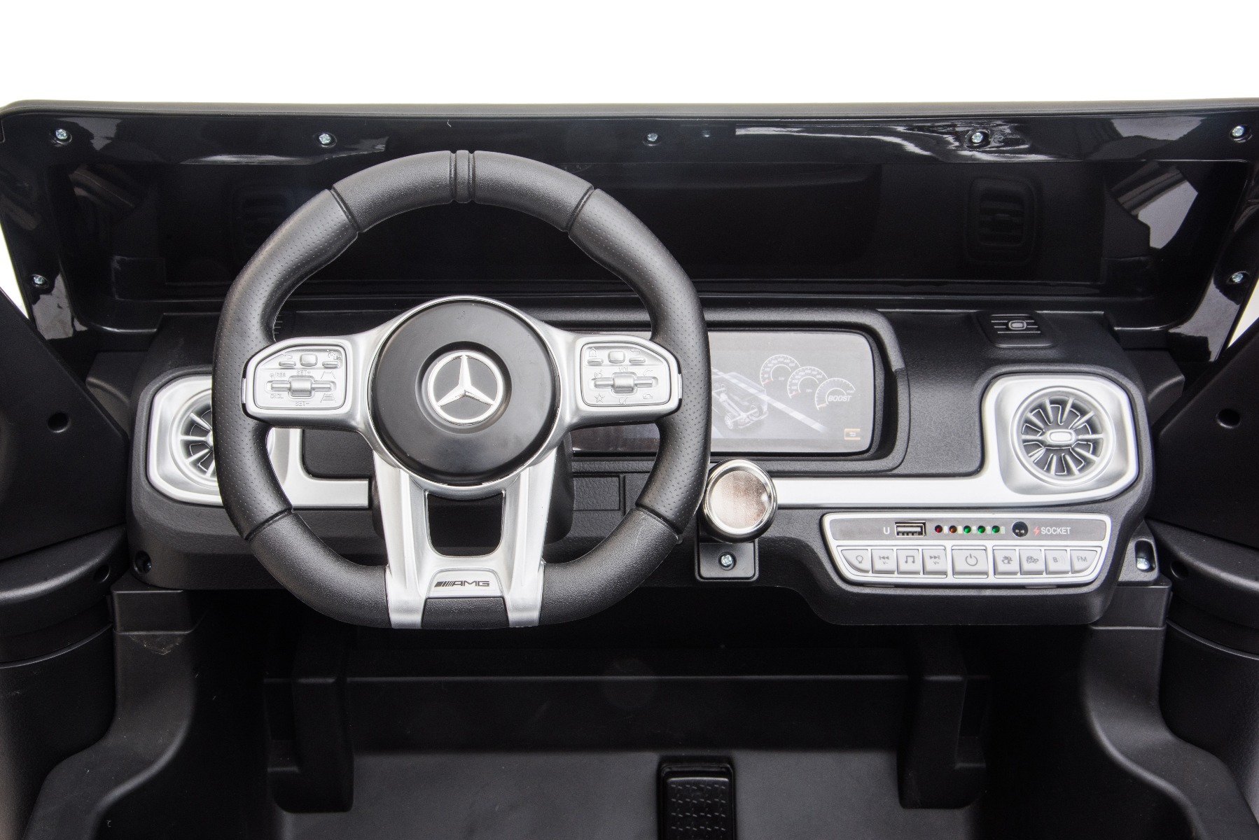 Mașină electrică de jucărie Mercedes-Benz G63 AMG 4x4 cu două locuri, alb, player MP3 cu conexiune USB/AUX și Bluetooth, tractiune 4x4, baterie litiu, roti EVA cu suspensie, scaune din piele artificială, telecomandă, licentă originală - imagine 11