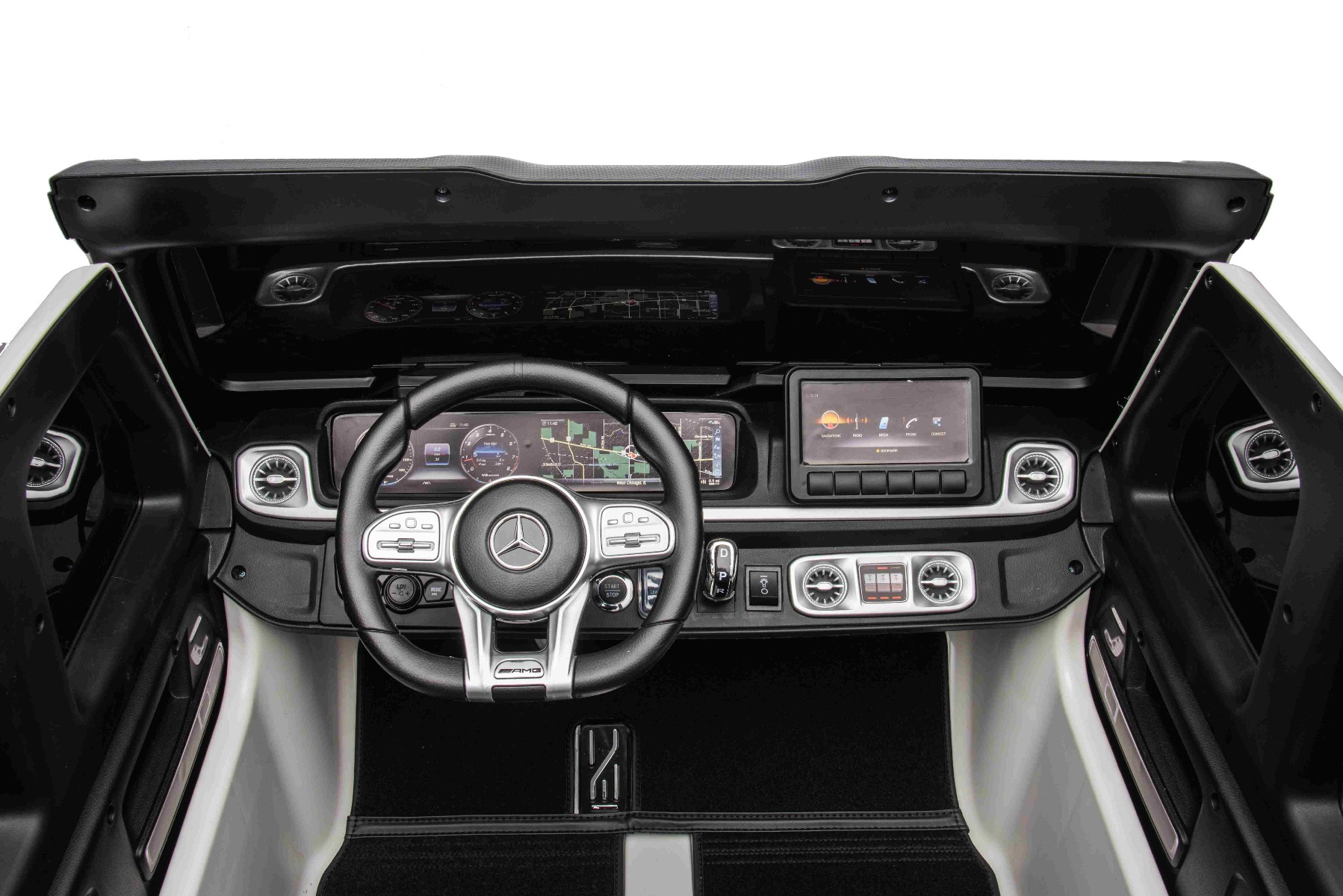 Mașină electrică Mercedes-Benz G63 AMG 4x4 cu două locuri 12V, alb, MP3 Player cu intrare USB/AUX, tracțiune 4x4, baterie 12V14Ah, roți EVA cu suspensie, scaune din piele, telecomandă, licențiat - imagine 17