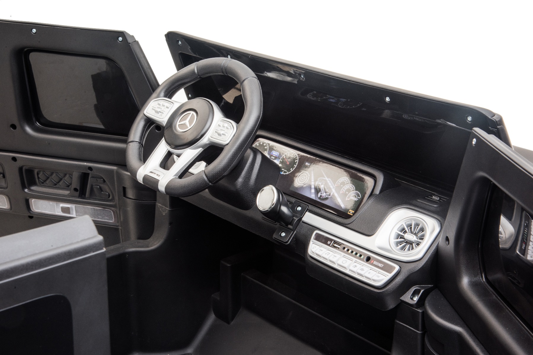 Mașină electrică de jucărie Mercedes-Benz G63 AMG 4x4 cu două locuri, alb, player MP3 cu conexiune USB/AUX și Bluetooth, tractiune 4x4, baterie litiu, roti EVA cu suspensie, scaune din piele artificială, telecomandă, licentă originală - imagine 15