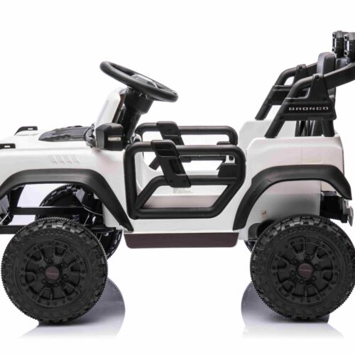 Mașina electrica copii Ford Bronco cu tracțiune spate cu licență (un singur loc), alb, baterie litiu, șasiu înalt, scaun lat, axă suspensie spate, telecomandă 2,4 GHz, player MP3 cu intrare USB, lumini LED