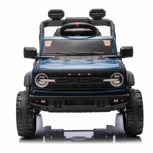 Mașina electrica copii Ford Bronco cu tracțiune spate cu licență (un singur loc), albastru, baterie litiu, șasiu înalt, scaun lat, axă suspensie spate, telecomandă 2,4 GHz, player MP3 cu intrare USB, lumini LED