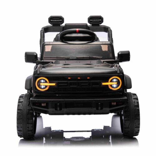 Mașina electrica copii Ford Bronco cu tracțiune spate cu licență (un singur loc), negru, baterie litiu, șasiu înalt, scaun lat, axă suspensie spate, telecomandă 2,4 GHz, player MP3 cu intrare USB, lumini LED