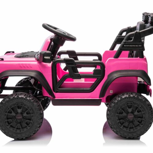 Mașina electrica copii Ford Bronco cu tracțiune spate cu licență (un singur loc), roz, baterie litiu, șasiu înalt, scaun lat, axă suspensie spate, telecomandă 2,4 GHz, player MP3 cu intrare USB, lumini LED
