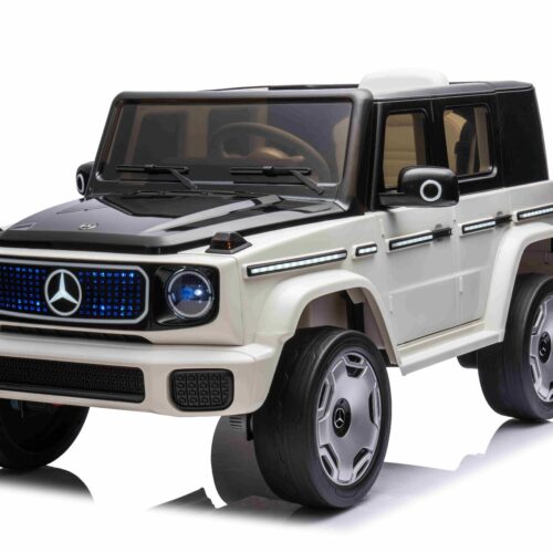 Mașinuță electrică de jucărie Mercedes-Benz EQG 12V, alb, componente ale caroseriei iluminate cu LED, lumini față și spate funcționale, telecomandă 2,4 GHz, intrare USB/Aux, baterie litiu, motor 2 x 35W, licență ORIGINALĂ