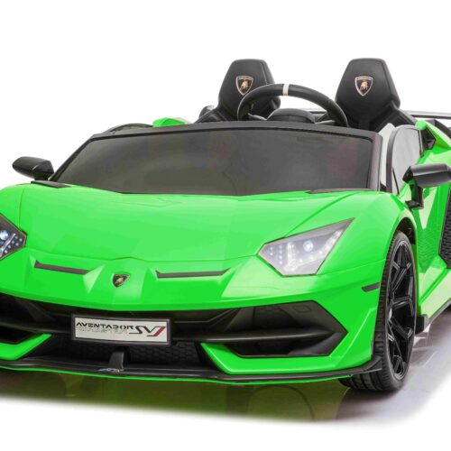 Mașină electrică copii Lamborghini Aventador 24V două locuri, caroserie lăcuită verde, 2.4 GHz DO, scaune moi din PU, afișaj LCD, suspensie, uși cu deschidere verticală, roți EVA moi, MOTOR 2 X 45W, licență ORIGINALĂ