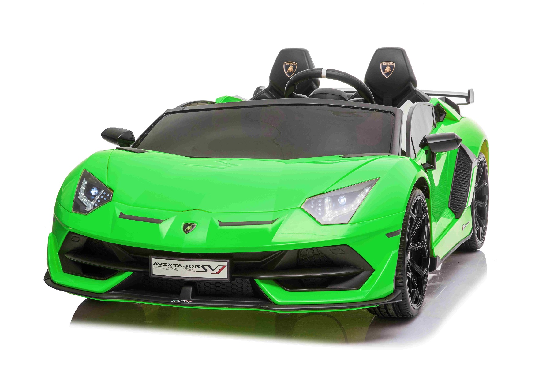 Mașină electrică copii Lamborghini Aventador 24V două locuri, caroserie lăcuită verde, 2.4 GHz DO, scaune moi din PU, afișaj LCD, suspensie, uși cu deschidere verticală, roți EVA moi, MOTOR 2 X 45W, licență ORIGINALĂ