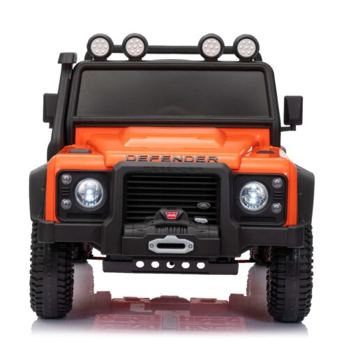 Maşinuţa electrica copii Land Rover Defender 110 SVX 12V, portocaliu, tracțiune 4X4, lumini LED, suspensii față și spate, telecomandă 2.4 GHz, intrare USB/Aux, Bluetooth, baterie litiu, motor 4 X 25W, licență ORIGINALĂ
