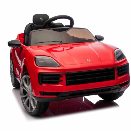 Mașinuță electrică copii Porsche Cayenne 12V cu tracțiune spate și licență origianlă, un singur loc, roșu, baterie litiu, scaun lat, axe cu suspensii, telecomandă 2.4 GHz, player MP3 cu intrare USB/AUX, lumini LED
