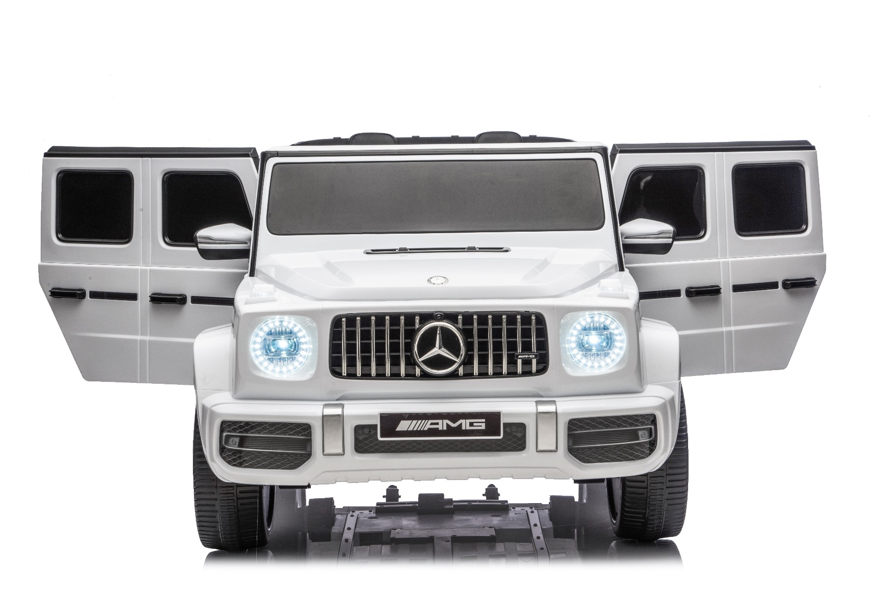 Mașină electrică de jucărie Mercedes-Benz G63 AMG 4x4 cu două locuri, alb, player MP3 cu conexiune USB/AUX și Bluetooth, tractiune 4x4, baterie litiu, roti EVA cu suspensie, scaune din piele artificială, telecomandă, licentă originală - imagine 25