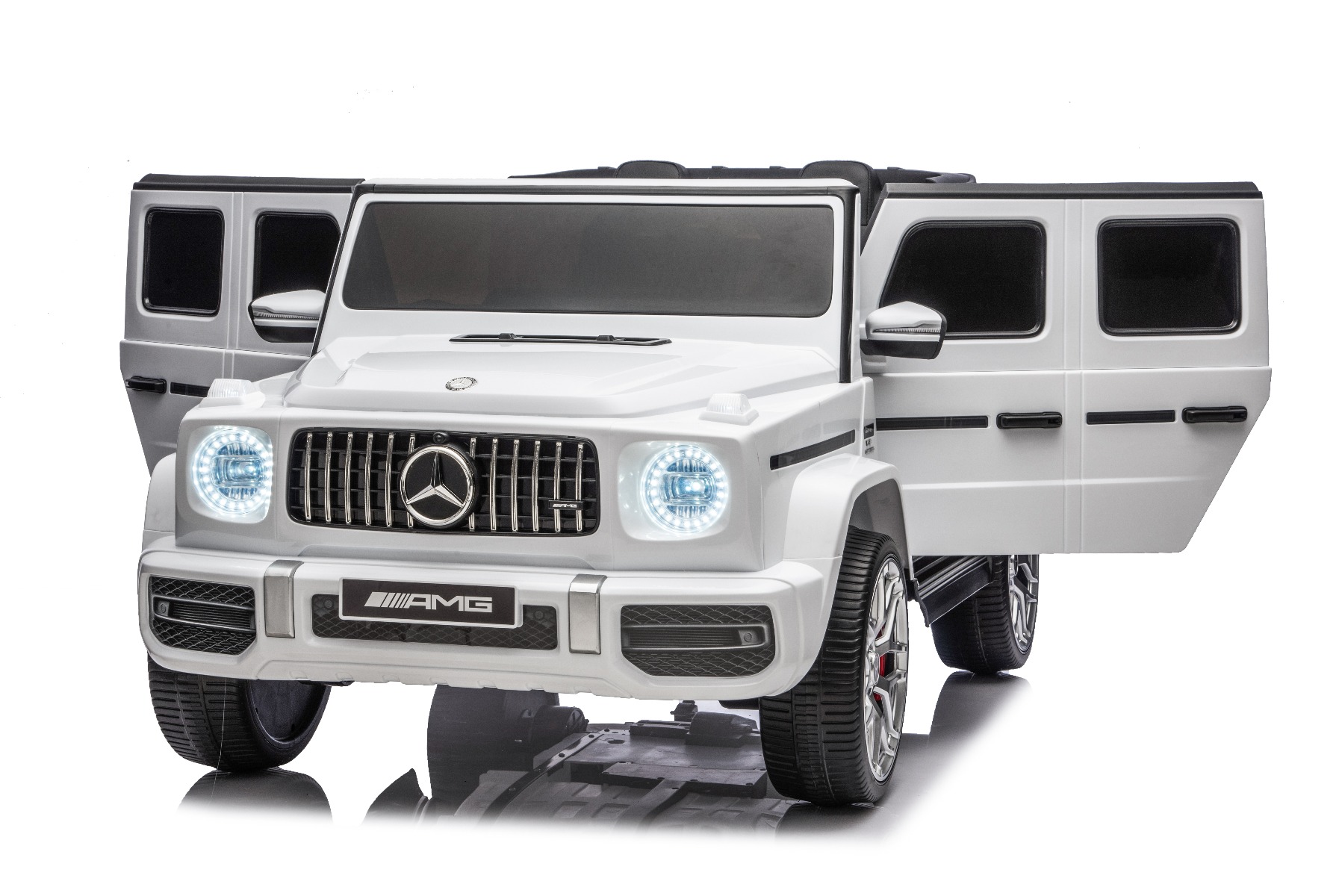 Mașină electrică de jucărie Mercedes-Benz G63 AMG 4x4 cu două locuri, alb, player MP3 cu conexiune USB/AUX și Bluetooth, tractiune 4x4, baterie litiu, roti EVA cu suspensie, scaune din piele artificială, telecomandă, licentă originală - imagine 26