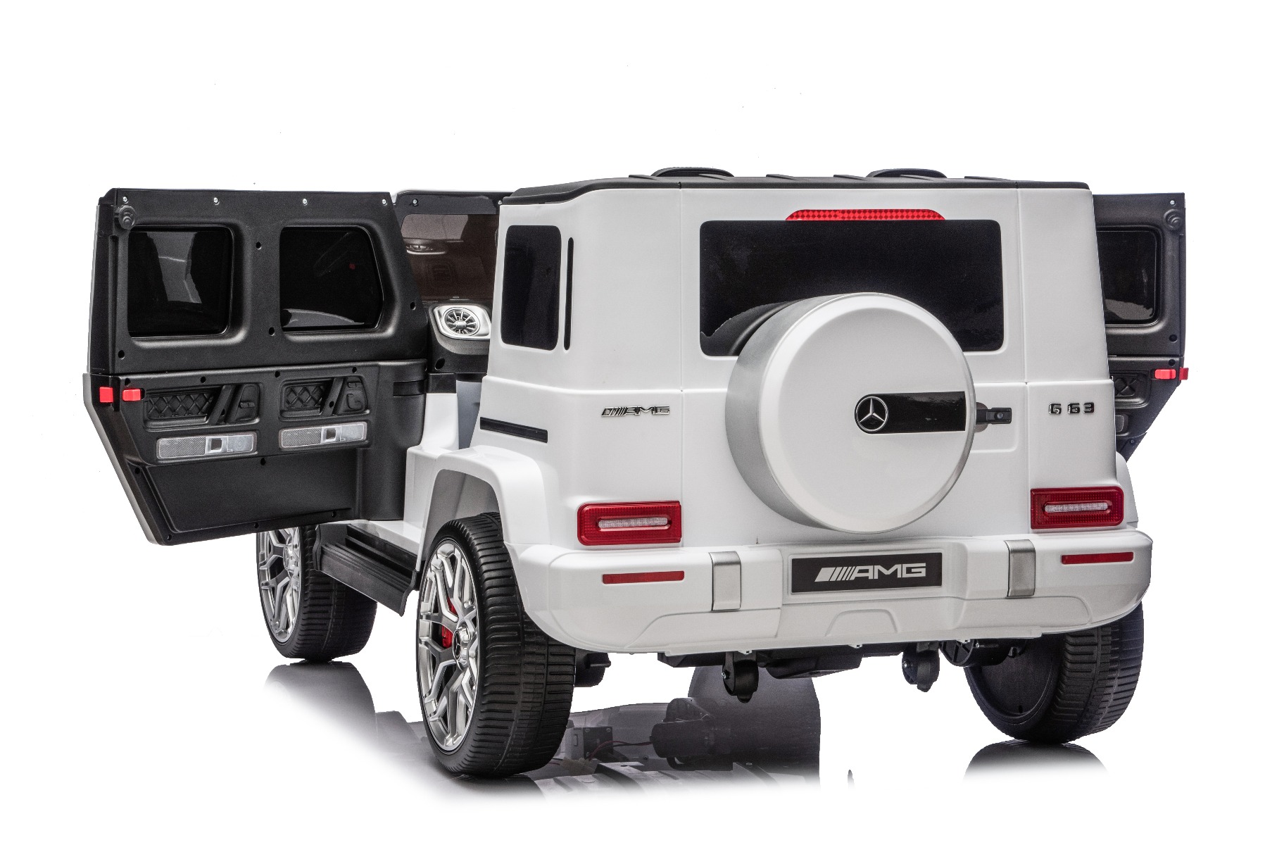 Mașină electrică de jucărie Mercedes-Benz G63 AMG 4x4 cu două locuri, alb, player MP3 cu conexiune USB/AUX și Bluetooth, tractiune 4x4, baterie litiu, roti EVA cu suspensie, scaune din piele artificială, telecomandă, licentă originală - imagine 27