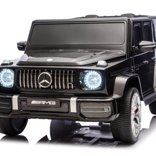 Mașină electrică de jucărie Mercedes-Benz G63 AMG 4×4 cu două locuri, negru, player MP3 cu conexiune USB/AUX și Bluetooth, tracțiune 4×4, baterie litiu, roți EVA cu suspensie, scaune din piele artificială, telecomandă, licență originală