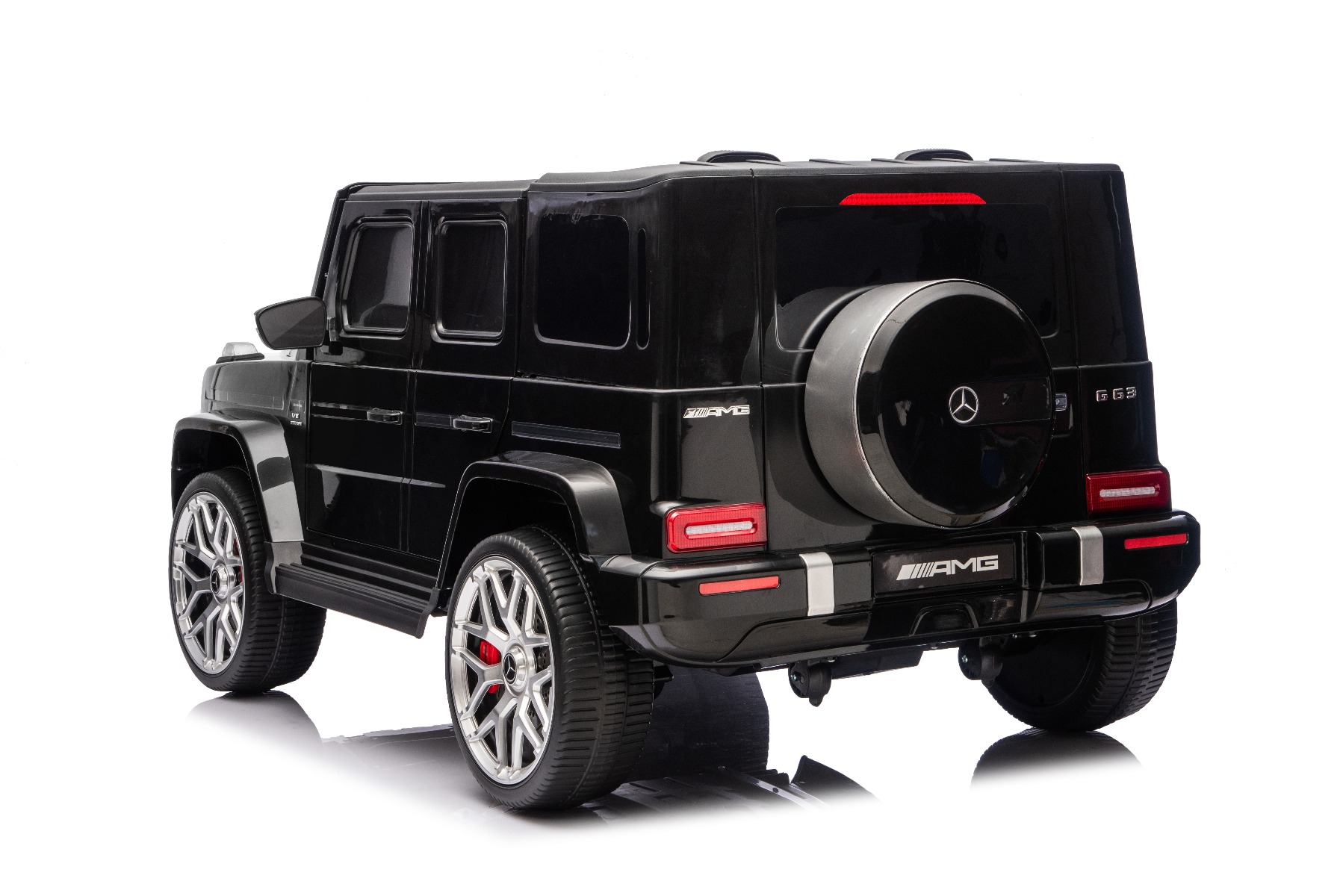Mașină electrică de jucărie Mercedes-Benz G63 AMG 4x4 cu două locuri, negru, player MP3 cu conexiune USB/AUX și Bluetooth, tracțiune 4x4, baterie litiu, roți EVA cu suspensie, scaune din piele artificială, telecomandă, licență originală - imagine 14