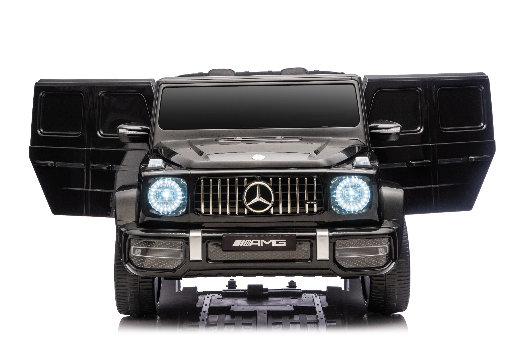 Mașină electrică de jucărie Mercedes-Benz G63 AMG 4x4 cu două locuri, negru, player MP3 cu conexiune USB/AUX și Bluetooth, tracțiune 4x4, baterie litiu, roți EVA cu suspensie, scaune din piele artificială, telecomandă, licență originală - imagine 26
