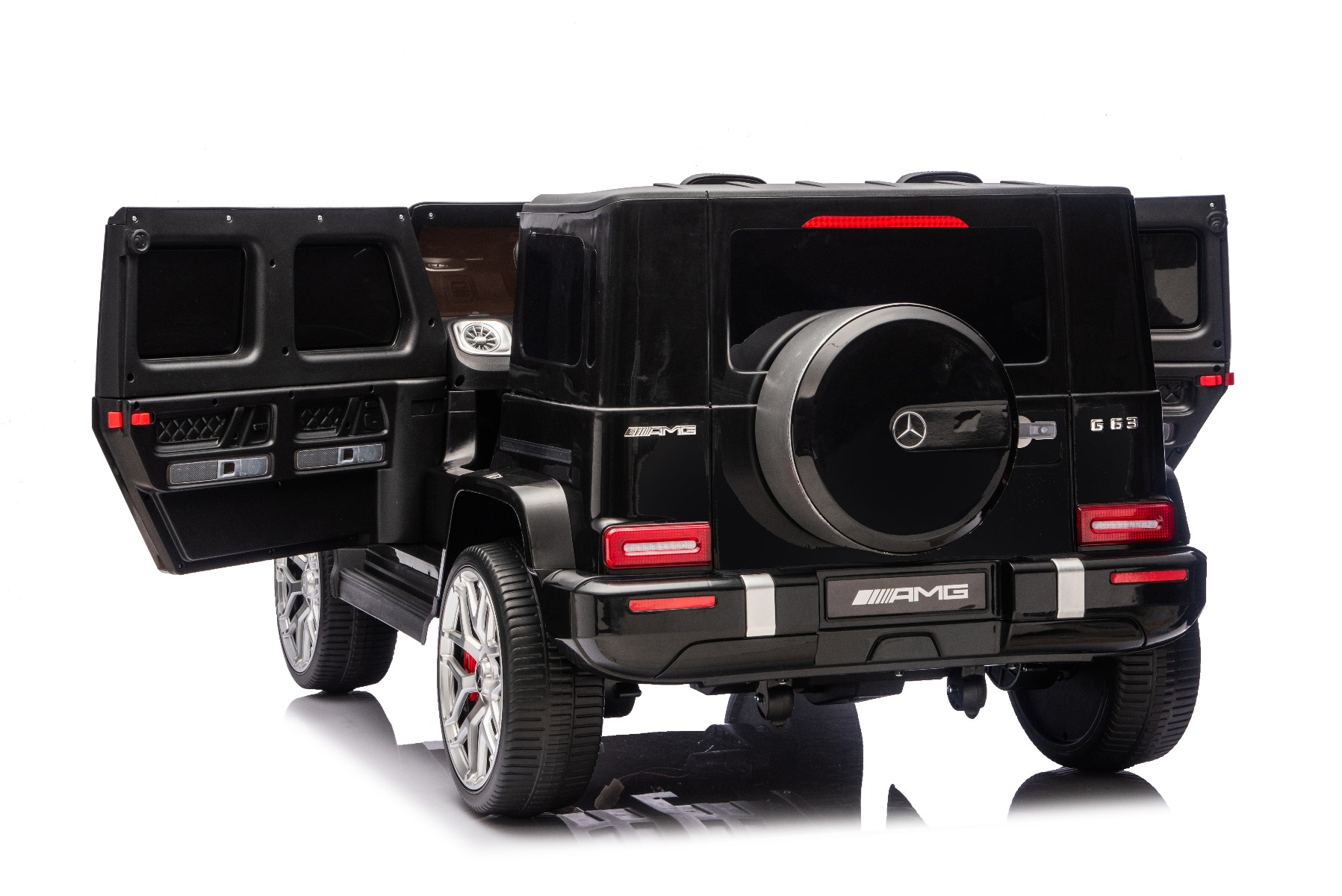 Mașină electrică de jucărie Mercedes-Benz G63 AMG 4x4 cu două locuri, negru, player MP3 cu conexiune USB/AUX și Bluetooth, tracțiune 4x4, baterie litiu, roți EVA cu suspensie, scaune din piele artificială, telecomandă, licență originală - imagine 28