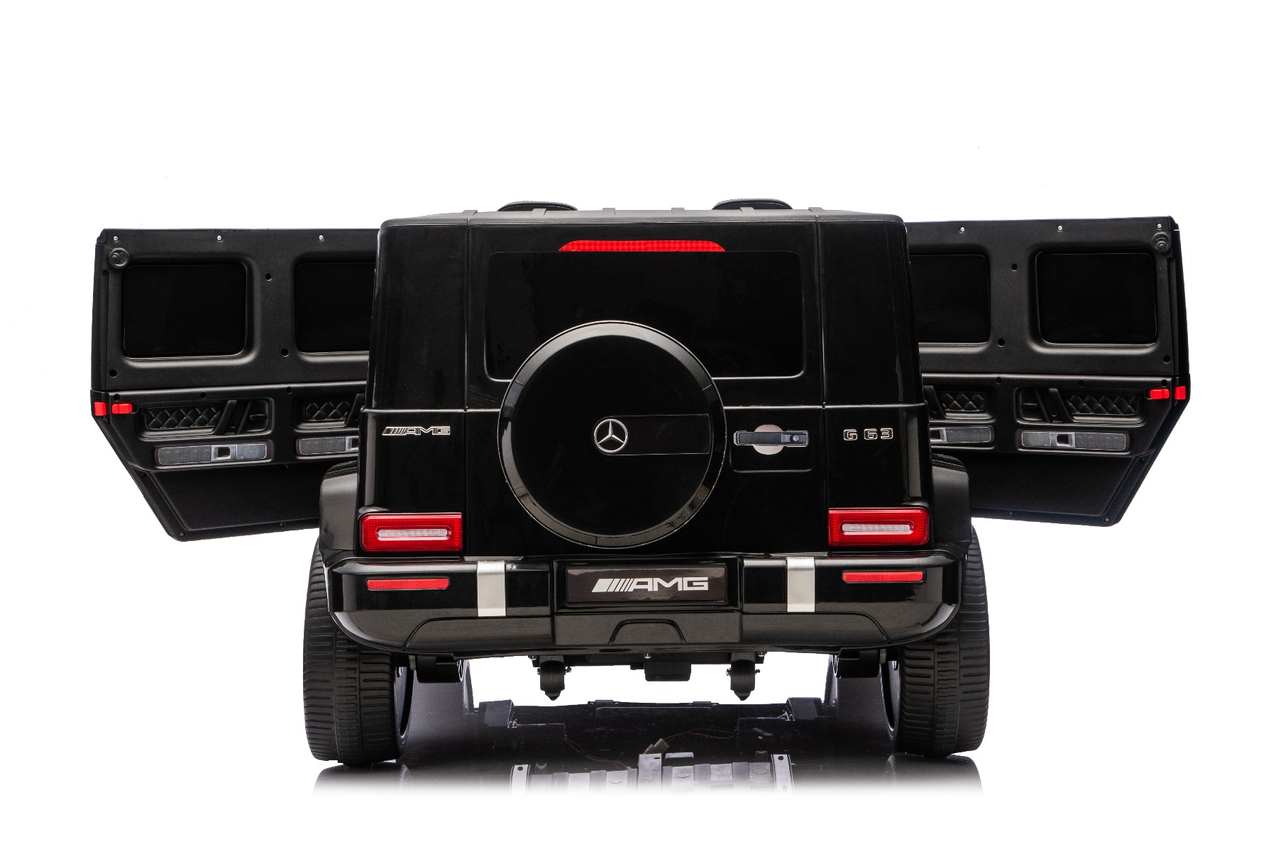 Mașină electrică de jucărie Mercedes-Benz G63 AMG 4x4 cu două locuri, negru, player MP3 cu conexiune USB/AUX și Bluetooth, tracțiune 4x4, baterie litiu, roți EVA cu suspensie, scaune din piele artificială, telecomandă, licență originală - imagine 29