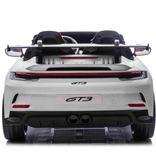 Mașină electrică copii Porsche 911 GT3 24V cu tracțiune 4×4, alb, scaun cu două locuri, telecomandă 2.4 GHz, intrare USB/AUX, motoare 200W, suspensie, baterie litiu, lumini LED față și spate, licență ORIGINALĂ