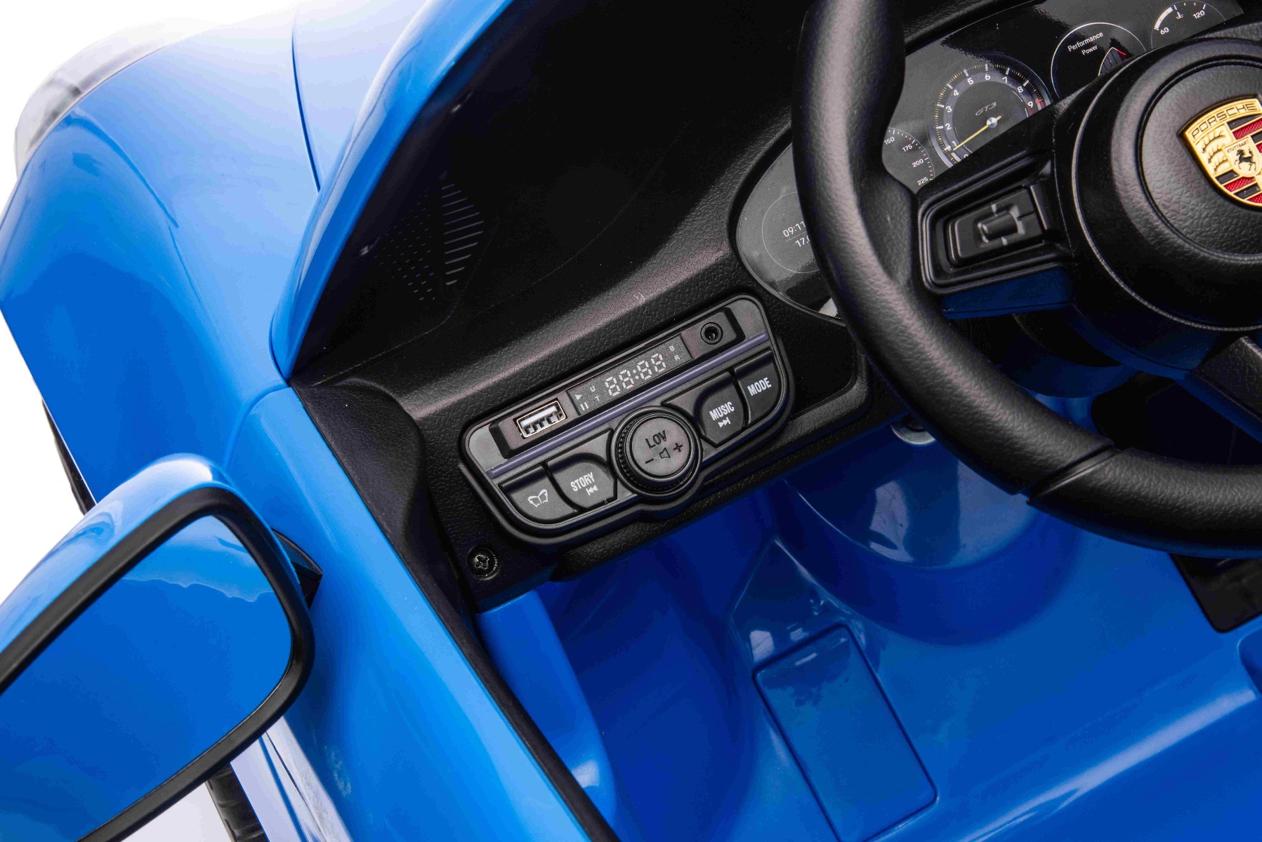 Mașină electrică copii Porsche 911 GT3 24V cu tracțiune 4x4, albastru, scaun cu două locuri, telecomandă 2.4 GHz, intrare USB/AUX, motoare 200W, suspensie, baterie litiu, lumini LED față și spate, licență ORIGINALĂ - imagine 10