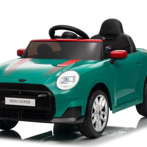 Mașină electrică copii BMW Mini Cooper 12V, verde, intrare USB cu conexiune Bluetooth la player MP3, telecomandă 2.4 GHz, motor 2 x 25W, baterie litiu, lumini LED, licență ORIGINALĂ