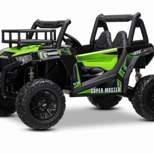 Mașină electrică pentru copii UTV 24V, verde, două locuri, motor 2 x 200 W, Baterie litiu, roți EVA, osii cu arcuri, frână electrică, scaun tapițat, 2.4 GHz DO, două locuri, USB, AUX