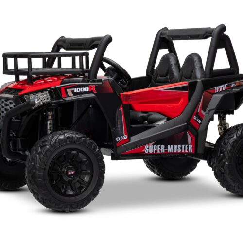 Mașină electrică pentru copii UTV 24V, roșie, două locuri, motor 2 x 200 W, Baterie litiu, roți EVA, osii cu arcuri, frână electrică, scaun tapițat, 2.4 GHz DO, două locuri, USB, AUX