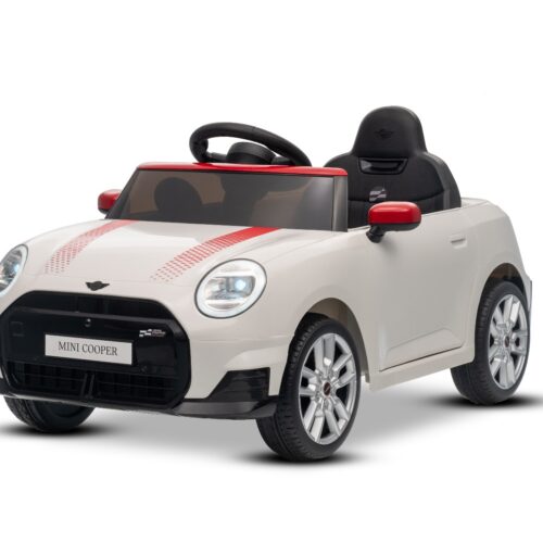Mașină electrică copii BMW Mini Cooper 12V, alb, intrare USB cu conexiune Bluetooth la player MP3, telecomandă 2.4 GHz, motor 2 x 25W, baterie litiu, lumini LED, licență ORIGINALĂ
