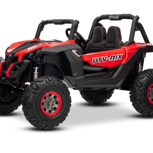 Mașinuță electrică de jucărie NEW RSX 24V, roșu, tracțiune 4×4, baterie litiu, roți EVA, suspensii, scaun din piele artificială cu două locuri, telecomandă, player MP3 cu intrare USB/AUX